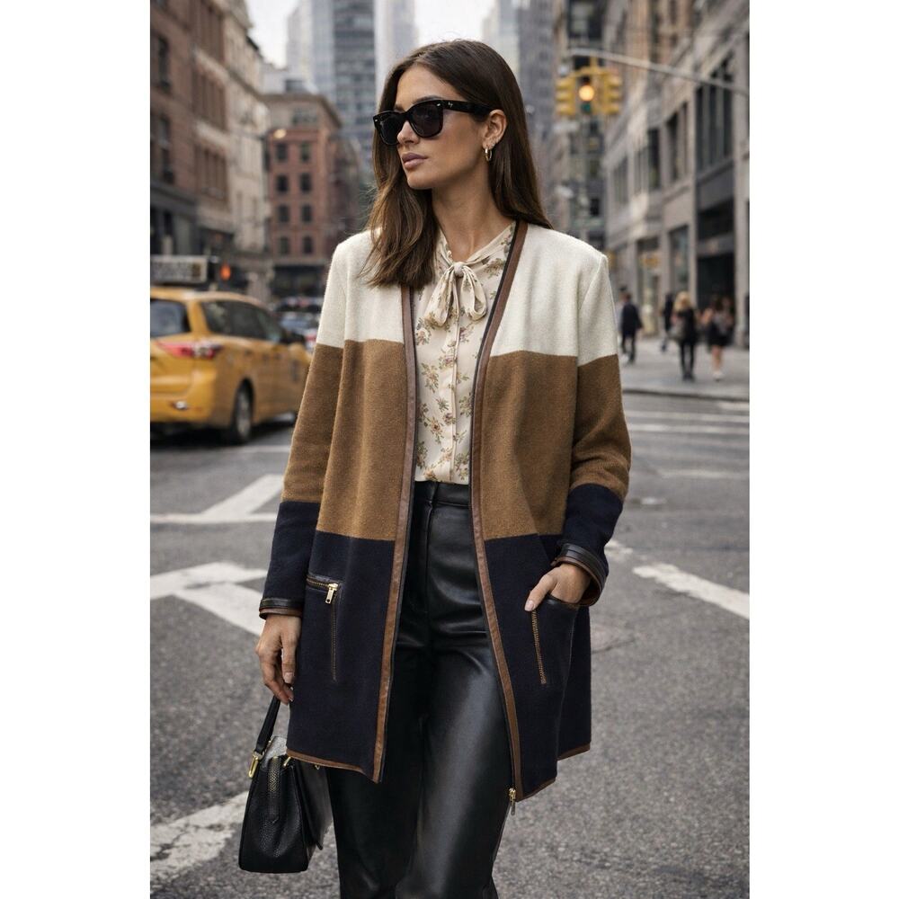 Charter Club 100% Cotton Colorblock Long Cardigan Faux Leather Trim Size M